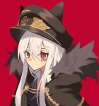  1girl absurdres animal_ears bangs black_headwear black_jacket collared_shirt ghost_(tama) girls_frontline hair_between_eyes hat highres iron_cross jacket kar98k_(girls_frontline) long_hair looking_at_viewer red_background shirt sidelocks solo upper_body white_hair white_shirt 