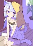  1girl animal_ear_fluff animal_ears bangs bare_arms bare_shoulders breasts cat_ears cat_girl cat_tail cleavage collarbone dress eyebrows_visible_through_hair full_body highres ichi indoors long_hair looking_at_viewer no_shoes on_floor original plant potted_plant purple_eyes silver_hair sitting sleeveless sleeveless_dress small_breasts socks solo tail wariza white_dress white_legwear wooden_floor 