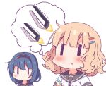  2girls blonde_hair blue_hair braid collarbone commentary_request fin_funnels furutani_himawari hair_intakes hair_ornament hairband hairclip holding holding_pen medium_hair multiple_girls nanamori_school_uniform oomuro_sakurako open_mouth pen school_uniform serafuku tagme takahero twin_braids yuru_yuri |_| ||_|| 