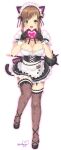  1girl animal_ears blush breasts brown_hair cat_ears cat_tail cleavage gloves green_eyes highres large_breasts long_hair looking_at_viewer maid murata_tefu open_mouth simple_background skirt smile solo sophia_esteed star_ocean star_ocean_anamnesis star_ocean_till_the_end_of_time tail thighhighs weapon white_background 