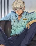  1boy amuro_tooru bangs belt black_belt blonde_hair blue_eyes blue_pants blue_shirt buttons closed_mouth collarbone collared_shirt commentary couch dreaming182 dress_shirt feet_out_of_frame grey_background hair_between_eyes highres indoors male_focus meitantei_conan on_couch pants police police_uniform policeman serious shirt shirt_tucked_in short_hair sitting solo spread_legs symbol_commentary uniform 