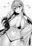  1girl akagi_kurage bikini bikini_under_clothes blush breasts cleavage collarbone gradient gradient_background grin hair_between_eyes hair_ornament hairclip highres jacket kantai_collection large_breasts long_hair looking_at_viewer micro_bikini monochrome navel open_clothes open_jacket remodel_(kantai_collection) side-tie_bikini skindentation smile solo suzuya_(kantai_collection) swimsuit v 