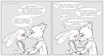  anthro bodily_fluids canid canine clothed clothing crying dialogue disney duo english_text eye_contact fox fully_clothed fur green_eyes grey_background hawthornss head_tuft hi_res hoodie judy_hopps lagomorph leporid looking_at_another mammal nick_wilde purple_eyes rabbit red_fox simple_background smile speech_bubble spot_color tears text topwear tuft zootopia 