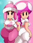  big_breasts big_butt black_eyes blush blush_stickers bottomwear breasts butt clothed clothing duo female fully_clothed hand_on_hip hat headgear headwear hi_res huge_hips human humanoid ice_climber light_body light_skin looking_at_viewer looking_back mammal mario_bros nana_(ice_climber) nintendo not_furry pants pigtails shirt short_stack side_by_side simple_background sonson-sensei thick_thighs tight_clothing toad_(mario) toadette topwear video_games wide_hips winter_hat yoga_pants 