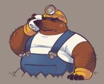  2021 animal_crossing anthro armor belly bodily_fluids brown_body clothing eulipotyphlan eyes_closed greenendorf hard_hat headgear helmet humanoid_hands male mammal mole_(animal) mr._resetti musclegut nintendo overalls overweight overweight_male shirt solo sweat topwear video_games 