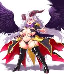  1girl boots breasts curvy demon_girl fangs fingernails high_heel_boots high_heels highres horns huge_breasts long_hair looking_at_viewer nail_polish navel onsoku_inu original pink_eyes plump pointy_ears purple_wings silver_hair simple_background smile solo thigh_boots thighhighs very_long_hair white_background wings 