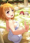  3girls :d ahoge arm_up bangs blush breasts covered_mouth eyebrows_visible_through_hair facing_away highres in_water large_breasts looking_at_viewer looking_back love_live! love_live!_sunshine!! multiple_girls naked_towel onsen open_mouth orange_hair outdoors qy red_eyes sakurauchi_riko short_hair sitting smile snow steam takami_chika tongue towel upper_teeth watanabe_you wet wooden_floor 