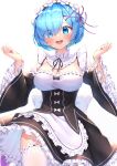  1girl :d absurdres apron bangs black_ribbon blue_eyes blue_hair blush bow breasts cleavage commentary_request cowboy_shot detached_sleeves dress eyebrows_visible_through_hair eyes_visible_through_hair frilled_apron frilled_sleeves frills garter_straps hair_ornament hair_over_one_eye hair_ribbon hands_up highres large_breasts long_sleeves looking_at_viewer maid maid_headdress medium_breasts neck_ribbon niyun_(n_niyu) open_mouth re:zero_kara_hajimeru_isekai_seikatsu red_ribbon rem_(re:zero) ribbon ribbon-trimmed_legwear ribbon_trim roswaal_mansion_maid_uniform short_hair simple_background smile solo thighhighs upper_teeth waist_apron white_apron white_background white_legwear wide_sleeves x_hair_ornament 