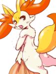  3:4 anthro bent_arm blush braixen breasts butt cheek_tuft covering covering_breasts covering_self cute_fangs digitigrade facial_tuft female fur glistening glistening_eyes inner_ear_fluff looking_at_viewer looking_back multicolored_body multicolored_fur nintendo nude open_mouth pok&eacute;mon pok&eacute;mon_(species) quail_00n0 shoulder_tuft side_boob solo surprised_expression tuft video_games white_body white_fur wide_hips 