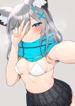  1girl absurdres animal_ear_fluff animal_ears armpits bare_arms bare_shoulders black_skirt blue_archive blue_eyes blush bra breasts bright_pupils closed_mouth covered_nipples covering_one_eye cowboy_shot extra_ears foreshortening fox_ears grey_background grey_hair hair_between_eyes hair_ornament hairclip half-closed_eyes hand_up heavy_breathing highres long_hair looking_at_viewer miniskirt outstretched_arm plaid plaid_skirt pleated_skirt pyz_(cath_x_tech) scarf self_shot shiroko_(blue_archive) sidelocks simple_background skirt small_breasts solo stomach string_bra underwear v white_bra x_hair_ornament 