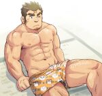  1boy abs arm_hair bara blush boxers brown_hair bulge chest_hair facial_hair feet_out_of_frame hairy large_pectorals leg_hair male_focus male_underwear muscular muscular_male navel navel_hair nipples one_eye_closed oniwaka_(tokyo_houkago_summoners) orange_male_underwear pulled_by_self scar_on_forehead short_hair sideburns sitting solo spiked_hair stomach stubble suv thick_eyebrows thick_thighs thighs tokyo_houkago_summoners underwear underwear_only underwear_pull undressing 