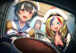  3girls akagi_(kancolle) bandana bangs black_hair blonde_hair blue_eyes blue_hair blurry bowl chocolate commandant_teste_(kancolle) commentary_request depth_of_field double-breasted hair_flaps hair_ornament hairclip headgear jingei_(kantai_collection) kantai_collection long_hair low_ponytail multicolored_hair multiple_girls oven pom_pom_(clothes) red_eyes red_hair scarf streaked_hair swept_bangs unowen upper_body wavy_hair white_hair white_headwear 