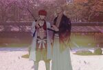  2boys abs armor bangs belt black_pants brown_kimono closed_mouth collarbone emiya_shirou facial_hair fate/grand_order fate_(series) feet_out_of_frame grin hakama haori highres holding holding_sword holding_weapon igote japanese_armor japanese_clothes katana kimono long_sleeves looking_at_viewer male_focus multiple_boys old old_man outdoors over_shoulder pants pectorals photo_background red_hair sengo_muramasa_(fate) sheath sheathed short_hair smile standing stubble suneate sword tree weapon white_belt white_hair wide_sleeves yagyuu_munenori_(fate) yellow_eyes yorunue_ro 