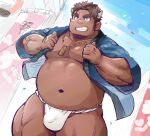  1boy bara bare_pecs belly bulge character_request confetti cow_boy cow_horns cowboy_shot dark_skin dutch_angle facial_hair fat fat_man festival fundoshi goatee happi horns japanese_clothes jewelry large_pectorals male_focus muscular muscular_male navel necklace nipples short_hair sideburns smile solo stomach suv thick_eyebrows thick_thighs thighs tokyo_houkago_summoners very_dark_skin white_male_underwear 