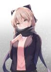  1girl absurdres ahoge asashin_(asn) black_jacket bow casual fate/grand_order fate_(series) hair_bow hand_on_own_chest highres jacket okita_souji_(fate) okita_souji_(fate)_(all) pink_sweater scarf smile snow sweater 