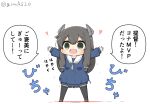  1girl black_hair black_legwear blue_dress blue_sweater chibi commentary_request dress full_body goma_(yoku_yatta_hou_jane) green_eyes hair_ribbon headgear i-47_(kancolle) kantai_collection long_hair low-tied_long_hair open_mouth outstretched_arms ribbon sailor_dress sidelocks simple_background smile solo standing sweater sweater_dress thighhighs translation_request tress_ribbon twitter_username wavy_mouth white_background 