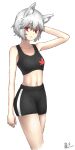  1641_(chfhrtor94) 1girl alternate_costume animal_ears arm_behind_head bare_shoulders black_shorts black_sports_bra collarbone highres inubashiri_momiji leaf looking_at_viewer maple_leaf midriff navel red_eyes short_hair shorts simple_background solo sports_bra tail toned touhou white_background white_hair wolf_ears wolf_tail 