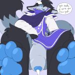  1:1 absurd_res anthro black_body black_fur black_tail blue_glans blue_pawpads blue_tongue clothed clothing crisstail dialogue dragon english_text foot_focus foreskin fur furred_dragon genitals glans grey_body grey_foreskin grey_fur grey_penis grey_tail half-erect hi_res horn low-angle_view lumikin multicolored_clothing narrowed_eyes open_mouth pawpads penis teeth text tongue undertale video_games 