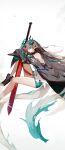  1girl absurdres arknights black_hair dusk_(arknights) expressionless highres holding holding_sword holding_weapon horns hui_wuya jacket long_hair pointy_ears red_eyes sleeveless solo sword tail very_long_hair weapon 