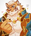 1boy abs abs_cutout animal_ears bara bare_pecs beckoning beige_fur blue_eyes character_request cleavage_cutout clothing_cutout english_text fluffy furry large_pectorals looking_at_viewer male_cleavage male_focus muscular muscular_male nekojishi orange_fur short_hair skin_tight smile solo thick_eyebrows tiger_boy tiger_ears tiger_stripes tora_d upper_body 