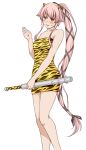  1girl animal_print breasts club fake_horns hair_flaps highres horns kanabou kantai_collection long_hair one-piece_swimsuit pink_hair ponytail print_swimsuit setsubun small_breasts solo spiked_club suda_(yuunagi_enikki) swimsuit tiger_print very_long_hair weapon yellow_eyes yura_(kantai_collection) 