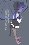  1girl animal_hood cat_hood cat_tail dark_skin dark_skinned_female fate/grand_order fate_(series) floral_print grey_background hassan_of_serenity_(fate) highres holding holding_umbrella hood hood_up hoodie peaceyj pink_footwear purple_eyes purple_hair shoes shorts simple_background sneakers solo tail translation_request transparent transparent_umbrella umbrella 