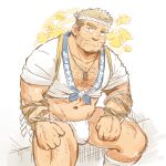  1boy arm_hair bara bare_pecs beard belly bulge character_request chest_hair facial_hair fundoshi hachimaki happi headband highres japanese_clothes light_brown_hair looking_at_viewer male_cleavage male_focus muscular muscular_male navel pectorals plump rope short_hair sitting sketch sleeves_rolled_up smile solo spread_legs stomach stubble suv thick_thighs thighs tokyo_houkago_summoners undercut white_male_underwear 