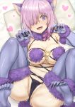  1girl animal_ears arinotowatari bangs bare_shoulders blush bow breasts cleavage crotch dangerous_beast elbow_gloves fate/grand_order fate_(series) fur-trimmed_gloves fur-trimmed_legwear fur_collar fur_trim gloves hair_over_one_eye heart large_breasts light_purple_hair looking_at_viewer mash_kyrielight navel o-ring open_mouth purple_eyes purple_gloves purple_legwear revealing_clothes short_hair smile spread_legs tail wolf_ears wolf_tail 