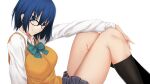  1girl arm_support bangs black_legwear blue_hair bow bowtie breasts ciel_(tsukihime) dress_shirt eyebrows_visible_through_hair from_side glasses hair_between_eyes hand_on_own_knee hand_up head_tilt highres kneehighs knees_up looking_at_viewer looking_over_eyewear pleated_skirt ribbed_legwear school_uniform sebire shirt short_hair simple_background sitting skirt smile solo sweater_vest tsukihime wallpaper yellow_sweater_vest 