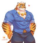  1boy abs alternate_costume animal_ears bara bare_pecs beige_fur blue_eyes blue_shirt bulge casual character_request cowboy_shot denim denim_jacket denim_shirt english_text fluffy furry heart jeans large_pectorals male_focus muscular muscular_male nekojishi orange_fur pants partially_unbuttoned shirt short_hair sleeves_rolled_up smile solo stomach tail thick_thighs thighs tiger_boy tiger_ears tiger_stripes tiger_tail tora_d watch wristwatch 