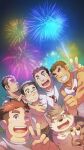  6+boys :d animal_ears bara bare_pecs belly black_hair blush brown_hair chest_hair dog_boy dog_ears facial_hair fireworks forked_eyebrows furry glasses group_picture highres hood kengo_(tokyo_houkago_summoners) male_focus master_3_(tokyo_houkago_summoners) moritaka_(tokyo_houkago_summoners) multiple_boys muscular muscular_male navel nipples oniwaka_(tokyo_houkago_summoners) open_clothes open_mouth open_shirt orange_hair paws pectorals plump pout rimless_eyewear ryota_(tokyo_houkago_summoners) shiro_(tokyo_houkago_summoners) shirt short_hair sideburns smile stomach stubble suv tank_top thick_eyebrows thumbs_up tokyo_houkago_summoners toned toned_male undercut v white_shirt white_tank_top 