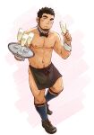  1boy apron ass bara beard black_apron black_hair blush bow bowtie bulge cup detached_collar drinking_glass facial_hair full_body holding holding_cup holding_tray leg_hair looking_at_viewer male_focus navel navel_hair nipples original pectorals raised_eyebrow shirtless short_hair sock_garters solo stomach suv thick_thighs thighs toned toned_male tray waist_apron waiter white_background wine_glass wrist_cuffs 