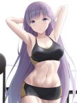  1girl armpits arms_behind_head arms_up bare_arms bare_shoulders bike_shorts black_shorts blush breasts cleavage collarbone commentary commission cowboy_shot fire_emblem fire_emblem:_the_binding_blade highres keenh large_breasts long_hair midriff navel purple_eyes purple_hair short_shorts shorts solo sophia_(fire_emblem) sports_bra standing stomach very_long_hair 