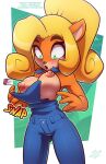  2021 5_fingers activision anthro areola bandicoot big_breasts black_nose blonde_hair blush breasts button_pop clothed clothing coco_bandicoot countershading crash_bandicoot_(series) female fingers fur green_background green_eyes hair long_hair mammal marsupial nipples onomatopoeia open_mouth orange_body orange_fur overalls overalls_only ponytail simple_background solo sound_effects surprise text the_other_half torn_clothing url video_games wardrobe_malfunction watermark wide_eyed wide_hips 