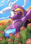  1girl autobot cactus cloud cosmicdanger desert english_commentary looking_up mecha nautica no_humans parted_lips purple_lips sky solo the_transformers_(idw) transformers upper_body 