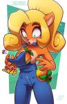  2021 5_fingers activision anthro areola bandicoot black_nose blonde_hair blush breasts button_pop clothed clothing coco_bandicoot countershading crash_bandicoot_(series) female fingers food fruit fur green_background green_eyes hair long_hair mammal marsupial nipples onomatopoeia open_mouth orange_body orange_fur overalls overalls_only plant ponytail simple_background solo sound_effects surprise text the_other_half torn_clothing url video_games wardrobe_malfunction watermark wide_eyed wide_hips wumpa_fruit 