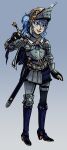  +_+ 1girl absurdres alternate_costume armor black_choker black_gloves black_nails blue_eyes blue_hair choker english_commentary full_armor gloves gradient gradient_background greaves hair_between_eyes helmet highres holding holding_sword holding_weapon hololive hoshimachi_suisei knight megasonger open_hand over_shoulder partially_fingerless_gloves plate_armor smile solo sword virtual_youtuber weapon weapon_over_shoulder 