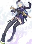  1girl acog assault_rifle bag bangs beret black_headwear black_legwear blunt_bangs cross_hair_ornament facial_mark full_body girls_frontline gloves green_eyes gun h&amp;k_hk416 hair_ornament hat highres hk416_(girls_frontline) holding holding_gun holding_weapon holster itou_(onsoku_tassha) jacket long_hair long_sleeves military_jacket miniskirt open_mouth panties pantyshot plaid plaid_skirt pleated_skirt purple_jacket purple_skirt rifle shoulder_bag silver_hair skirt solo suppressor teardrop thigh_holster thighhighs trigger_discipline underwear weapon white_gloves white_panties 