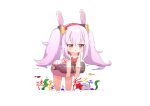  1girl :o ame. animal animal_ears azur_lane bangs bare_arms bare_shoulders blush bottle bunny_ears chibi commentary_request coral dress_swimsuit eyebrows_visible_through_hair fake_animal_ears fish full_body hair_between_eyes hairband laffey_(azur_lane) leaning_forward long_hair looking_away parted_lips partially_submerged pink_hair red_eyes red_hairband solo standing starfish transparent twintails very_long_hair water white_background 