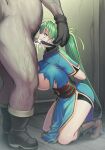  1girl blue_dress boots bound bound_arms breasts cum cum_in_mouth dress ejaculation fire_emblem fire_emblem:_the_blazing_blade gag gloves green_eyes green_hair highres irrumatio jonylaser kneeling large_breasts long_hair lyn_(fire_emblem) oral pelvic_curtain ponytail rape ring_gag tears torn_clothes 