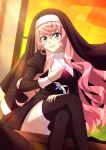  1girl black_legwear blue_eyes blush breasts crossed_legs eyebrows_visible_through_hair gem habit highres jewelry large_breasts long_hair looking_at_viewer maria_cadenzavna_eve miyumitu_rsm necklace nun open_mouth pink_hair senki_zesshou_symphogear shiny shiny_hair smile solo thighhighs 