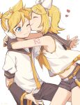  1boy 1girl arm_warmers arms_around_back bangs bare_shoulders belt black_collar black_shorts blonde_hair blue_eyes bow cheek_kiss closed_eyes collar commentary cowboy_shot crop_top eye_kiss hair_bow hair_ornament hairclip headphones heart highres kagamine_len kagamine_rin kiss looking_at_viewer m0ti midriff nail_polish navel neckerchief necktie one_eye_closed sailor_collar school_uniform see-through_sleeves shirt short_hair short_ponytail short_shorts short_sleeves shorts shoulder_tattoo smile spiked_hair swept_bangs tattoo vocaloid white_background white_bow white_shirt yellow_nails yellow_neckwear 