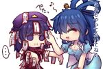 ... 2girls :i ^_^ bangs blue_dress blue_hair breasts cabbie_hat chisel cleavage closed_eyes dress empty_eyes hair_ornament hair_rings hair_stick hat juliet_sleeves kaku_seiga long_sleeves medium_hair miyako_yoshika multiple_girls musical_note ofuda_on_clothes outstretched_arms puffy_sleeves purple_eyes purple_hair quarter_note red_shirt shirt short_sleeves simple_background speech_bubble spoken_ellipsis spoken_musical_note standing touhou translation_request unime_seaflower vest white_background white_vest zombie_pose 
