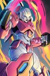  1girl arcee autobot blue_eyes cosmicdanger dual_wielding energy_sword highres holding looking_down mecha no_humans science_fiction smirk solo sword the_transformers_(idw) transformers weapon 