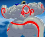  2020 anthro big_muscles dragon flexing grinex grinex_(character) hair hi_res huge_muscles hyper hyper_muscles male markings multicolored_hair muscular nude rear_view solo 