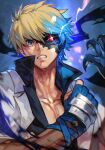  1boy aura black_sclera blue_background blue_eyes claws collarbone colored_sclera dragon_install fingerless_gloves gloves glowing glowing_eye guilty_gear guilty_gear_strive hair_between_eyes heterochromia hungry_clicker jacket ky_kiske lightning multicolored_hair open_mouth pectorals red_eyes shiny short_hair solo upper_body white_jacket 