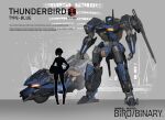  1girl bird/binary blue_eyes character_name character_sheet ciel_(bird/binary) copyright_name english_text engrish_text glowing glowing_eyes ground_vehicle highres las91214 logo mecha motor_vehicle motorcycle open_hands ranguage science_fiction size_comparison thunderbird_type-blue 