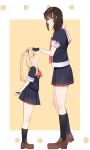  2girls age_difference ahoge bangs black_gloves black_hair black_legwear black_ribbon black_serafuku black_skirt blonde_hair blue_eyes blunt_bangs braid brown_footwear closed_eyes commentary_request fingerless_gloves gloves hair_flaps hair_ornament hair_over_shoulder hair_ribbon height_difference highres kantai_collection kneehighs kozu_(bloomme1_me) loafers long_hair multiple_girls neckerchief necktie petting pleated_skirt red_neckwear remodel_(kantai_collection) ribbon sailor_collar school_uniform serafuku shigure_(kancolle) shoes single_braid skirt standing straight_hair white_sailor_collar younger yuudachi_(kantai_collection) 