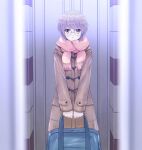  1girl bag brown_coat coat commentary_request door duffel_coat eyebrows_visible_through_hair frown glasses highres holding holding_bag indoors ishiyuki00 long_sleeves looking_at_viewer nagato_yuki parted_lips pink_scarf purple_eyes purple_hair round_eyewear scarf school_bag shiny shiny_hair short_hair solo standing suzumiya_haruhi_no_shoushitsu suzumiya_haruhi_no_yuuutsu v_arms 