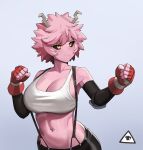  1girl antennae ashido_mina black_sclera black_skirt black_sleeves boku_no_hero_academia breasts cleavage clenched_hands closed_mouth colored_sclera colored_skin commentary commission cosplay crop_top donburi_(donburikazoku) elbow_pads fighting_stance final_fantasy final_fantasy_vii fingerless_gloves from_side gloves large_breasts looking_ahead midriff navel pink_hair pink_skin red_gloves short_hair single_elbow_pad skirt solo suspender_skirt suspenders tank_top tifa_lockhart tifa_lockhart_(cosplay) upper_body white_tank_top yellow_eyes 